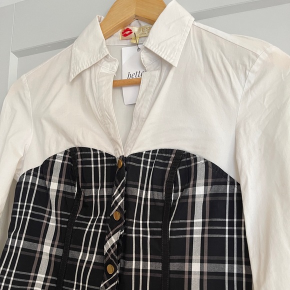 SOLD Vintage Black Plaid Corset White Collared Shirt - Picture 4 of 11